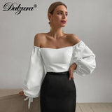 Solid Women Lantern Sleeve Crop Top Off Shoulder Lace Up Elegant Party Streetwear 2021 Spring Summer Top
