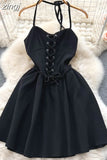Sexy Draw String Spaghetti Strap Dress Elegant Halter Bandage Mini Beace Vestidos Female Slim Robe New Fashion