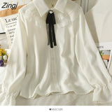 Sweet Chiffon Shirt For Women Korean Style Lace Up Peter Pan Collar Blouses Elegant Office Work Long Sleeve Ladies