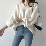 Zingj Early Spring V-Collar Pullover Loose White Bottomed Sweater Woman In Korean Lazy Wind Wearing Black