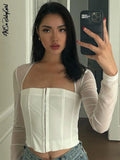 Top Women Long Sleeve Crop Top Square Neck T-Shirt Fairy Grunge Solid White Hook Eye Tops Sexy Brown Tee Shirt Y2K