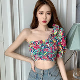 New Women Chiffon Shirt Korean Floral Print Ruffled Irregular Top Slim Short Summer Ladies Blouse