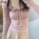 Sleeve T-shirts Women Hotsweet Chic Slim Autumn Korean Fashion Ins Simple Sexy Square Collar Vintage Tender Leisure