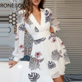 Women Chic Graphic Deep V neck Lantern Sleeve Mini Sexy
