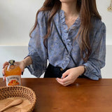 Print Women Shirt V-neck Chiffon Blouse Long Sleeve Women Tops Autumn Blusa Chic Cardigan Loose Chemisier Femme