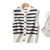 French Lazy Style Black And White Striped Knitted Vest In