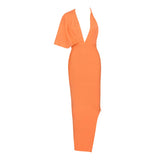 Draped Backless Women Side Split Evening Club Party Dress 2022 New Sexy V Neck Orange Black Long Bandage Dress