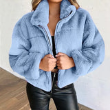 Warm Jacket Women Long Sleeve Zipper Coat Solid Stand Up Collar Outerwear Plush Female Clothes Plus Size