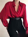 Button Blouses Turn Down Collar Shirts Office Lady Long Sleeve Casual Blouse Loose OL Shirt Baggy Tops Red/Wine Red