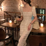 New Elegant Lace Midi Dress For Women Fashion One Piece Lady Slim Prom Party Cothing