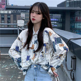 Shirts Women Long Sleeve Print Ulzzang Cat Turn-down Collar Students Designed Womens Korean Style with Buttons