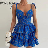 Women Elegant Spaghetti Strap All Over Print with Disty Floral Pattern Mini Cascading Ruffles Hem Vacation Sexy Sweet