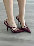 Zingj New Patent Leather One Word Buckle Cat With Baotou Sandals Women's Black Silk Pointed High