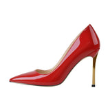 Onlymaker Women's Shoes Pointed Toe Black Red Patent Leather Metal Heels Fashion Dress Wedding Party Big Size Lady Thin