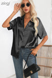 Summer Short Sleeve Shirt Solid Satin Silk Shirt Button Up Blouse Loose Office Ladies Tops Casual Shirts Elegant