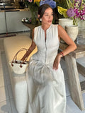 Sleeveless Spliced Zipper V-neck Maxi Dress Fashion High Waist Slim Pleated Long Dresses Summer Office Lady Street