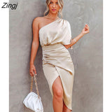 One Shoulder Irregular Hem Midi Dress For Women Solid Champagne Sexy Fitted Club Party Bodycon Dress 2023 Summer