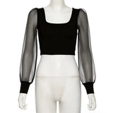Women Blouses Mesh See Through Puff Long Sleeve Crop Tops Office Lady Shirts Square Collar Tops Black White Tops Ropa