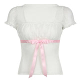Ribbon Bowknot Lace Patchwork TeeOutfit