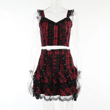 Dark Plaid Sling Lace Tie Pleated Skirt 2023 Spring Personality