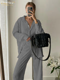 Causal Loose Home Suit Autumn Long Sleeve Blouse With High Wasit Pants Set Women Elegant Pleated Beige 2 Piece Pant