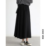 VEN Simple Elastic Waist Pleated Skirts Solid Women's A-line MIDI Long Skirt High Waisted Ladies Office 2022
