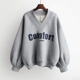 Women Hoodies V-neck Letter Printed Oversized Harajuku Korean Sweatshirts Female Long Sleeve Hooded Streetwear Casual Top