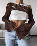 Zingj New Women's Hand Hook Sweater Women's Casual Ultra-Short Horn Sleeve Sexy Grid Smock