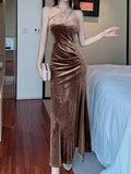 Party Bodycon Velvet Midi Dresses for Women 2023 Autumn Winter Vintage Sleeveless Robe Sexy Split Black Female