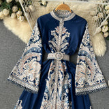 Zingj Dress New Vintage Print Round Neck Horn Sleeve Dress Women's Single Breasted Large Pendulum Irregular Pleated Long