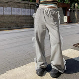 Grey Stripe Ribbon Drawstring Sweatpants-Outfit