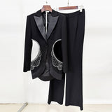 Summer New Star Sex Hollow Hot Diamond Suit Jacket Trousers Set Two