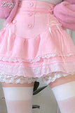 Lolita Style Sweet Pink Lace Trim High Waist Mini Skirt Women Harajuku Korean Tie Up Pleated Skirt Double Layer