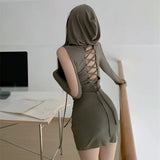 Hooded Long Sleeve Ropa De Mujer Bodycon Dress Slim Waist Tunic Ddesign Elegant Vestidos Bandage Backless Dresses for