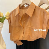 Chic Woman Blouse for Woman Korean Slightly Transparent Sleeveless Shirt Chiffon Orange Top Summer Women's Shirts