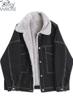 Women Lamb Wool Jean Jacket Korean Vintage Single Breasted Fleece Denim Coat 2023 Winter Fashion Casual Warm Thickened