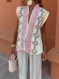 Bohemia V Neck Single-breasted Printed Vest Women Elegant Sleeveless Waistcoat 2024 New Summer Chic Lady High