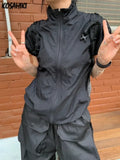 Thin Sun Protection Short Sleeve Jackets Vintage Slim Stand Neck Coat Casual Zipper Y2k Aesthetic Cargo Solid