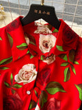 Women Floral Pleated Chiffon Dress Vintage Turn-Down Collar Short Sleeve Single Breasted Printed Draped Midi Vestidos