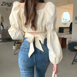 Women Back-bow Tender Spring Solid Sweet Style Korean Ladies All-match Crops Trendy Slim Blusas Puff Sleeve Preppy