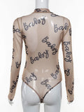 Summer Sexy Letter Print Transparent Mesh Bodysuits Long Sleeve See Through Baby Bodycon Rompers Women