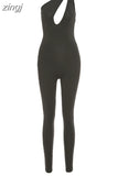 Hollow Out One-Shoulder Summer Jumpsuit Women's Solid Backless Sleeveless Party Clubwear Overalls Female Skinny