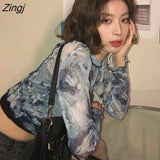Women T-shirts Tie Dye Summer Korean Style Harajuku Street Sexy Sheer Long Sleeve Crop Top Hot Group Girls Fashion Cozy