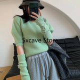Spring Knitted Sweater Women Casual Design Long Sleeve Pure Color Slim O-Neck Pullover Korean Y2k Crop Tops Office