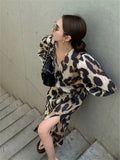 Women Elegant Leopard Print Midi Dress Sexy Lady One Piece Party Dress Female New Fashion Prom