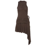 Zingj Summer New Women's Fashion Pure Color Sexy Cuffess Waist Diagonal Dress Woman-Outfit