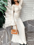 Crochet Hollow Backless Long Sleeve Cover Up Maxi Dress- Outfit