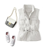 Korean Version Of Down Vest Female Wear A Waist Stand Collar Coat 2024 White Duck Velvet Drawn Rope Pocket Horse Clip Vest Vest-Outfit