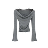Two-Piece Suspender Collar Shoulder Fold Shoulder Long-Sleeved T-Shirt Women's Early Autumn New Korean Style