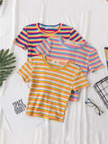 T Shirt Women Rainbow Striped Tops Slim Fit t shirt Harajuku Tshirt Summer Short Sleeve Korean T-shirt feminina Clothes